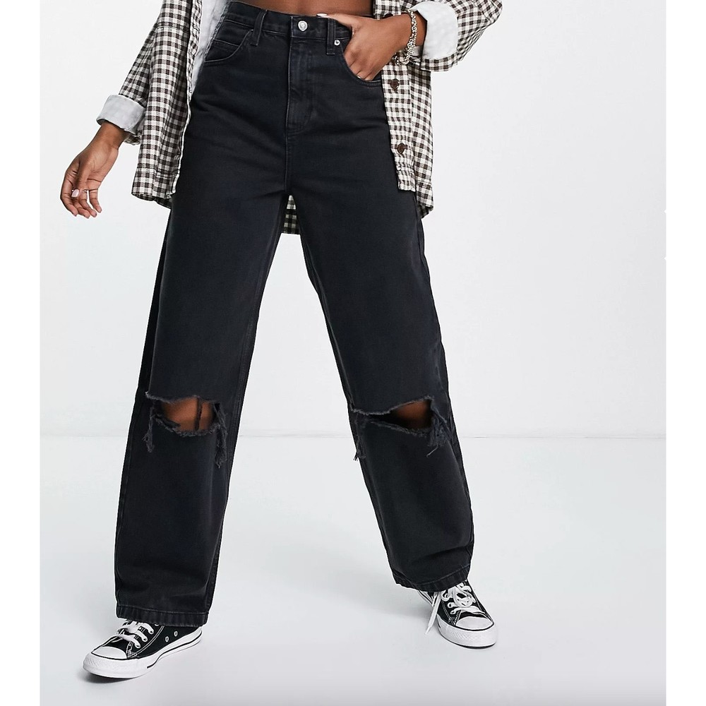 TOPSHOP ripped baggy nonstretch deeply Washed black women's Jeans W30 L30 Y2K